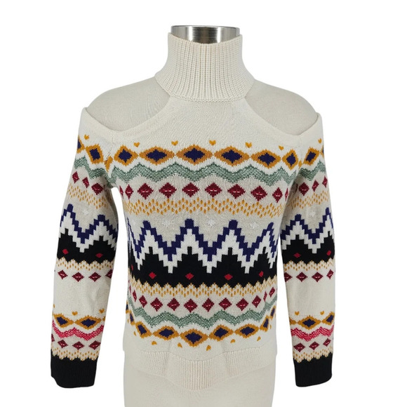 Alice + Olivia Sweaters - Alice + Olivia Leora Fairisle Turtleneck Wool Sweater Cold Shoulder Long Sleeve